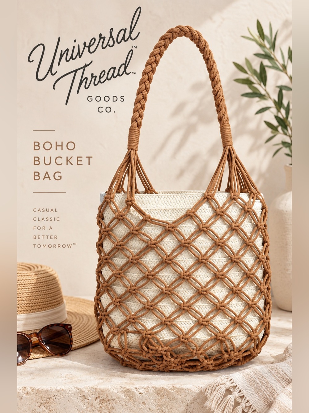 Universal Thread Boho Macrame Woven Bucket Bag Cream Brown Shoulder Purse